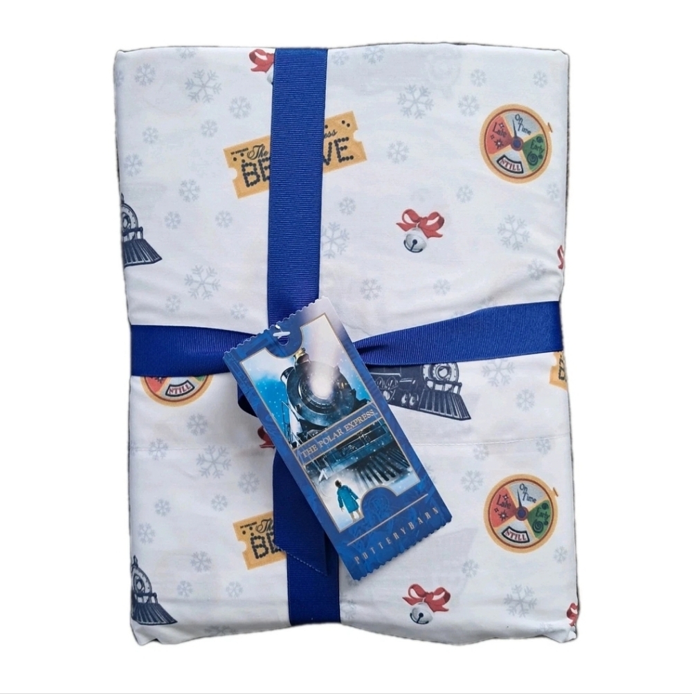 Pottery Barn Kids Polar Express Twin Sheet Set Holiday Train Bedding NEW